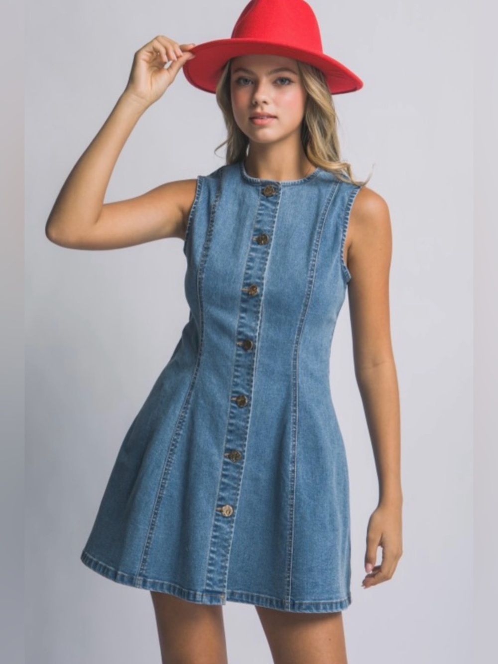 Sleeveless Button-Front Denim Mini Dress - dark blue